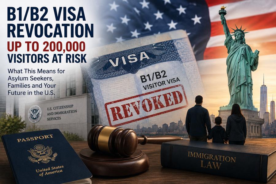 B1/B2 visitor visa stamped revoked, U.S. passport, gavel, and family looking at the Statue of Liberty