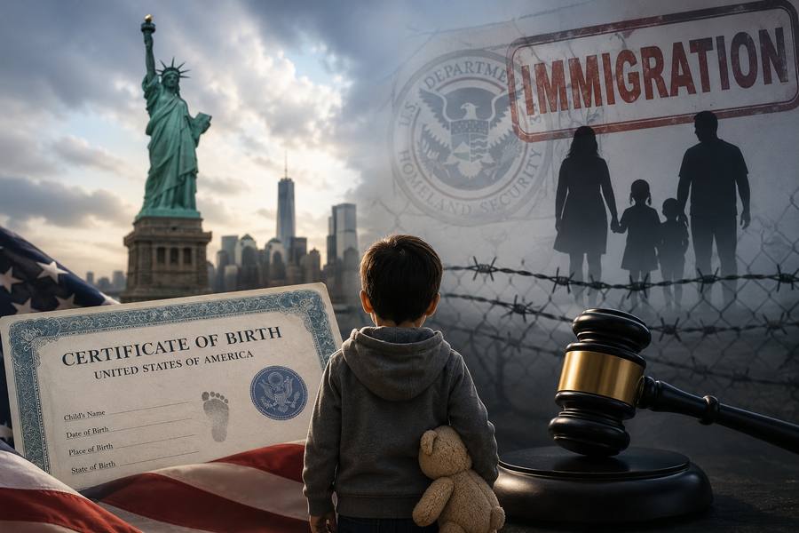 U.S. birth certificate, child holding a teddy bear, Statue of Liberty, and courtroom gavel representing birthright citizenship uncertainty