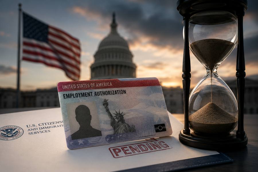 Employment Authorization Document marked pending with U.S. Capitol in background