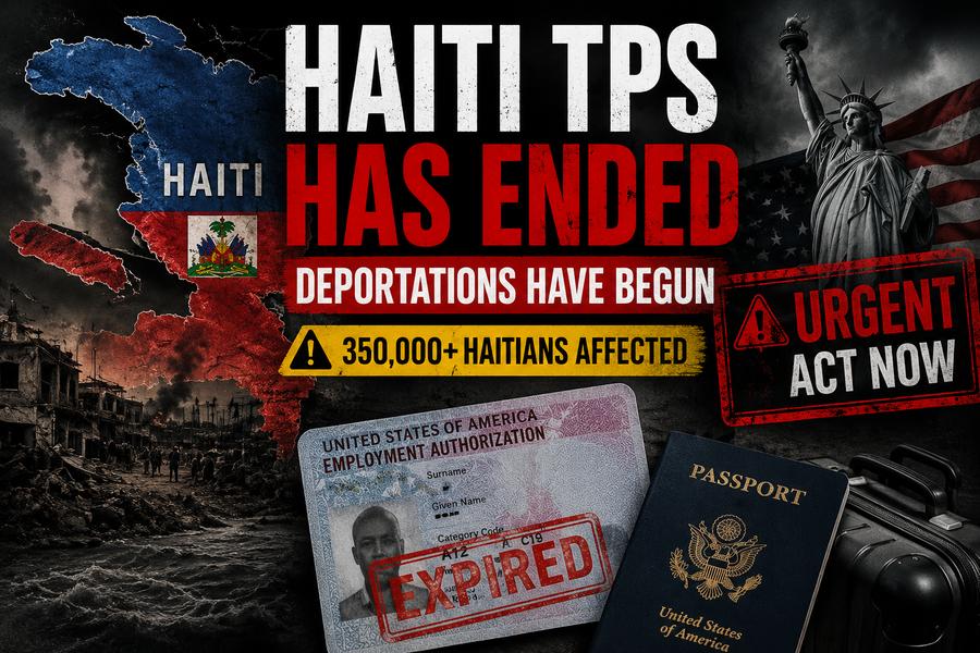 Haiti TPS Has Ended graphic showing expired employment authorization card, U.S. passport, and Statue of Liberty