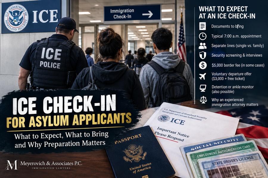 ICE Check-In for Asylum Applicants graphic showing officer and family walking toward immigration check-in with checklist of what to expect
