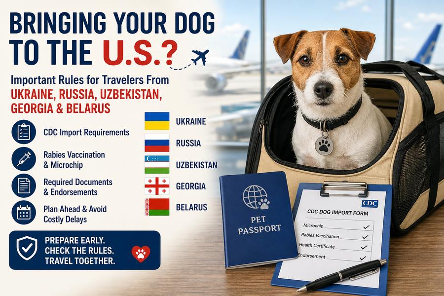 Dog in travel carrier at airport with pet passport and CDC Dog Import Form checklist, flags of Ukraine, Russia, Uzbekistan, Georgia and Belarus