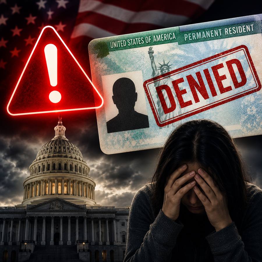 Green card stamped denied with U.S. Capitol in background